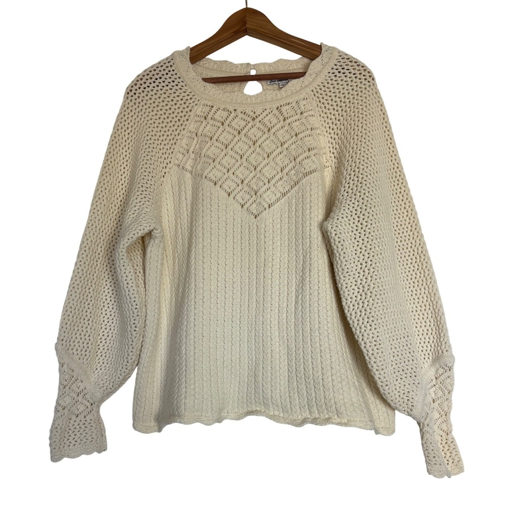Sam‎ Edelman Ivory Pointelle Crochet Knit Sweater XL Raglan Cottagecore Boho